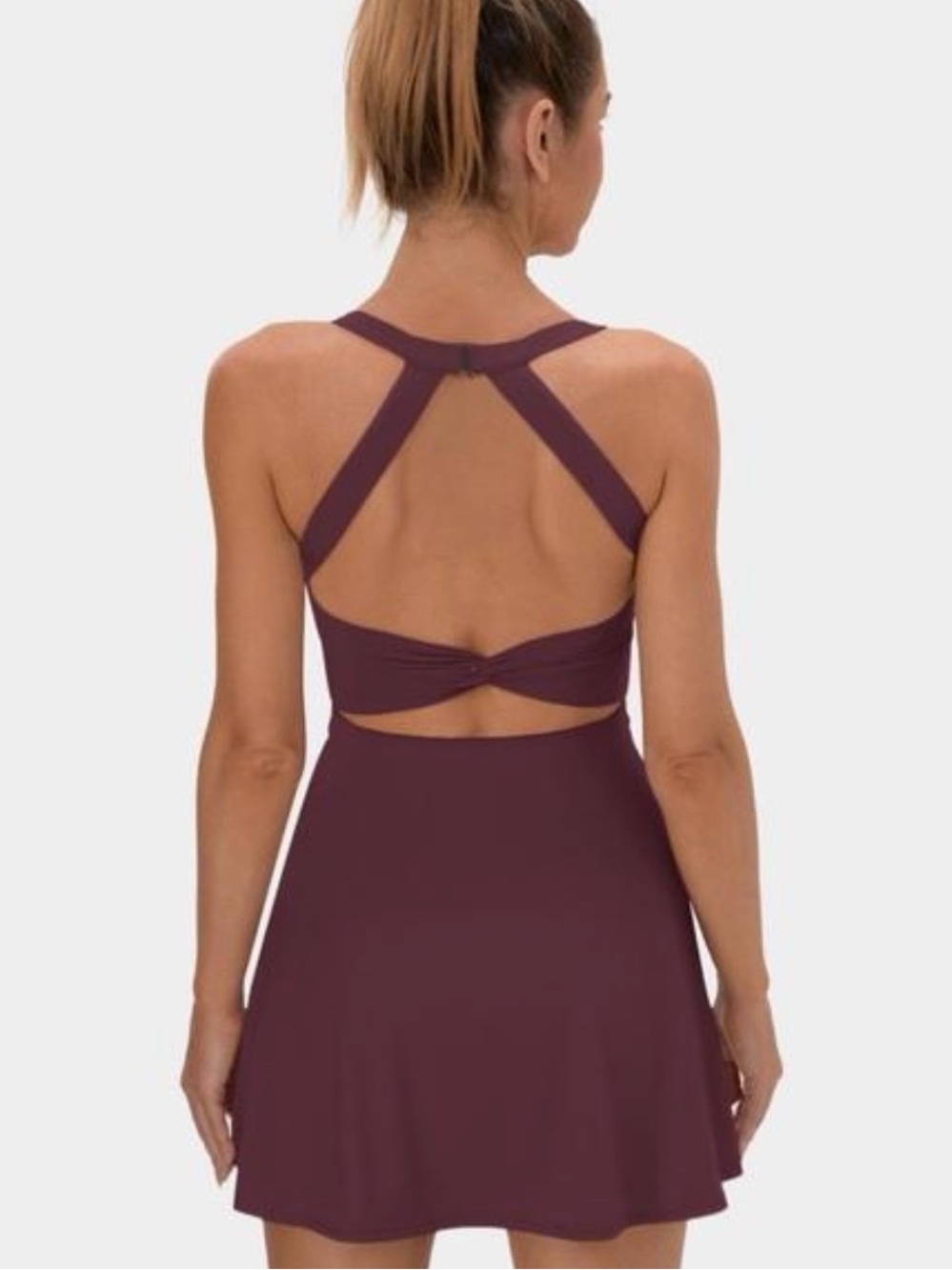 NWOT HALARA SoftlyZero Airy Easy Peezy Backless Twist Active Dress Fig L